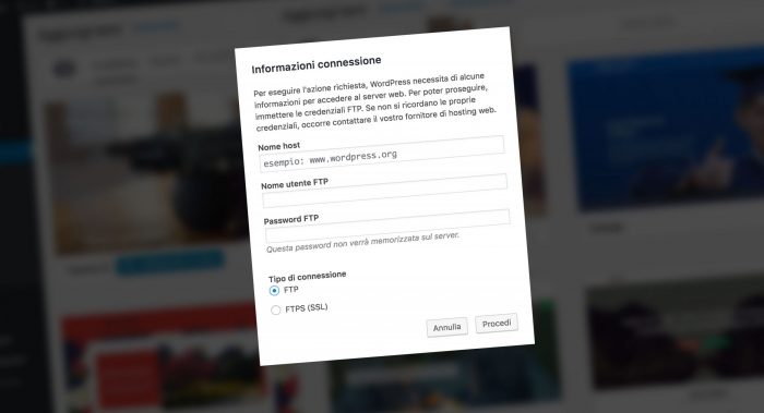WordPress chiede le credenziali FTP se qualcosa non ha funzionato.